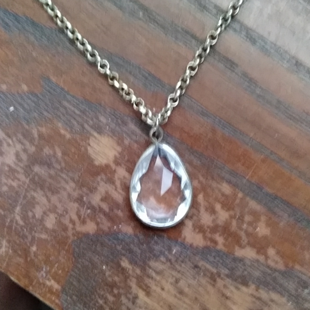 SALE! Vintage Silver tone chain clear teardrop charm sterling silver around it.